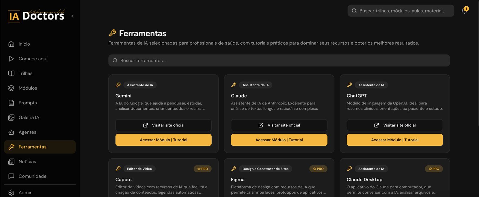 Tela de Ferramentas com Gemini, Claude, ChatGPT, CapCut, Figma e Claude Desktop