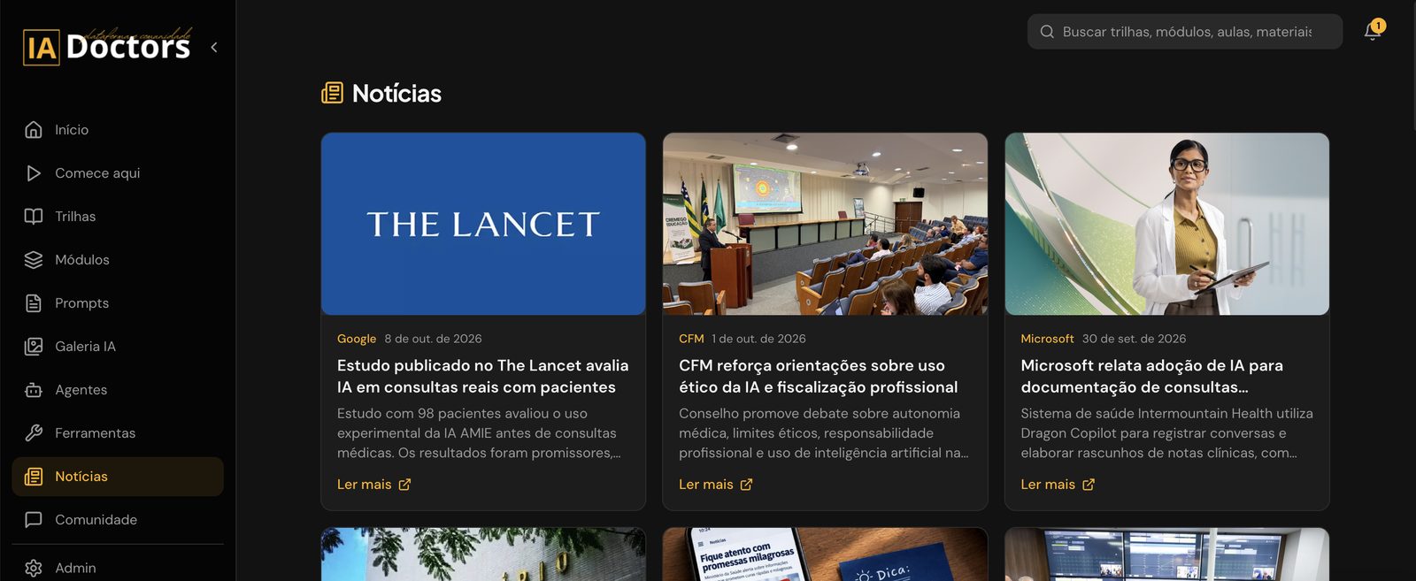 Tela de Notícias com estudos e orientações sobre IA na saúde